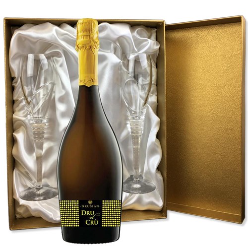 Drusian Spumante Dru el Cru Prosecco in Gold Luxury Presentation Set With Flutes